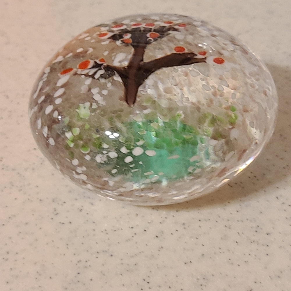 Vintage Glass Art Paperweight with Orange and Green Tree Design - Picture 4 of 6
